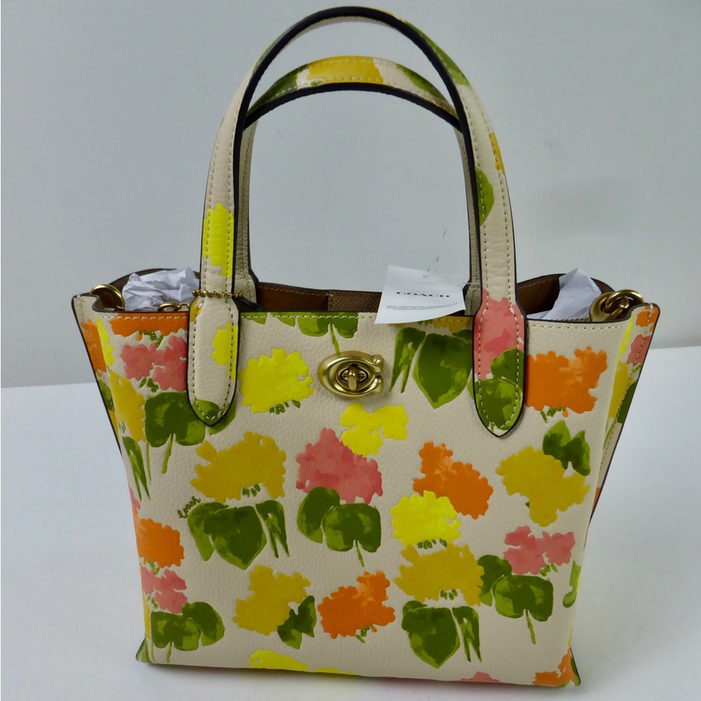 Coach Willow Pebble Leather Tote Bag Floral Design Purse NWT w Crossbody Strap
